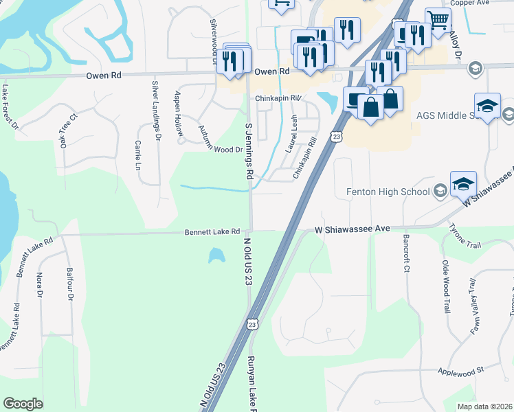 map of restaurants, bars, coffee shops, grocery stores, and more near 16502 South Jennings Road in Fenton