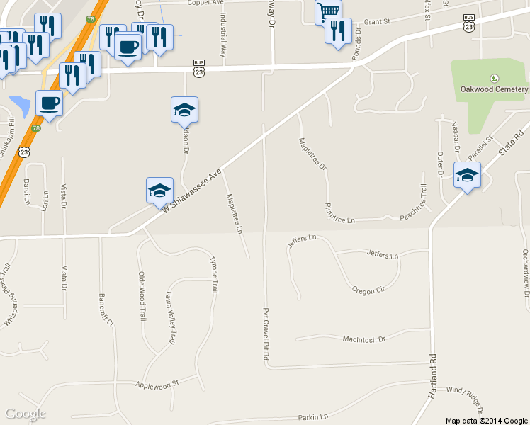 map of restaurants, bars, coffee shops, grocery stores, and more near Pvt Gravel Pit Rd in Fenton