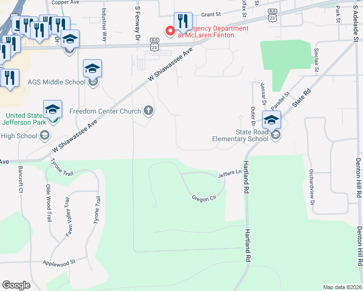map of restaurants, bars, coffee shops, grocery stores, and more near 759 Plumtree Lane in Fenton