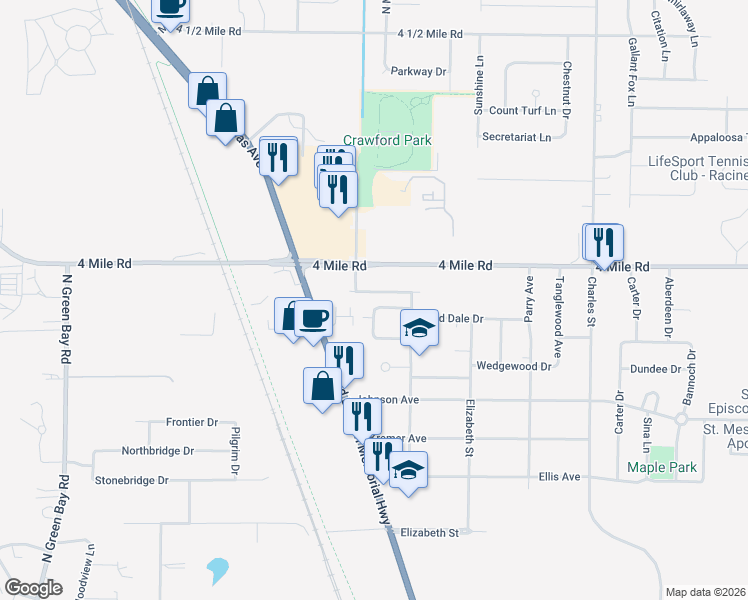 map of restaurants, bars, coffee shops, grocery stores, and more near 4845 Wedgewood Drive in Racine