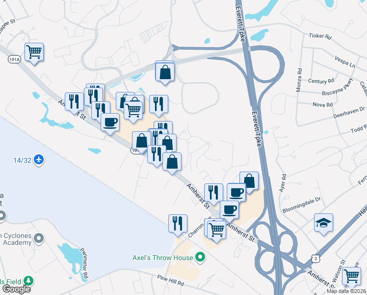 map of restaurants, bars, coffee shops, grocery stores, and more near 21 Cannongate III Road in Nashua