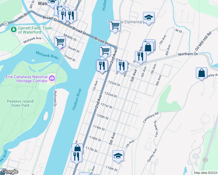 map of restaurants, bars, coffee shops, grocery stores, and more near 793 3rd Avenue in Troy