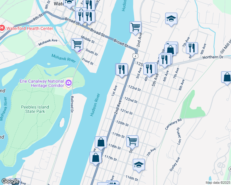 map of restaurants, bars, coffee shops, grocery stores, and more near 6 122nd Street in Troy