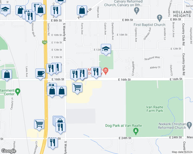map of restaurants, bars, coffee shops, grocery stores, and more near 800 East 16th Street in Holland