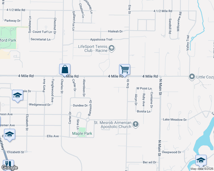 map of restaurants, bars, coffee shops, grocery stores, and more near 725 Royal Park Road in Racine