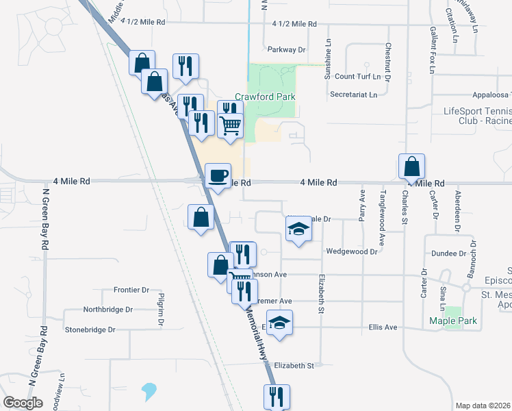 map of restaurants, bars, coffee shops, grocery stores, and more near 4845 Wedgewood Drive in Racine