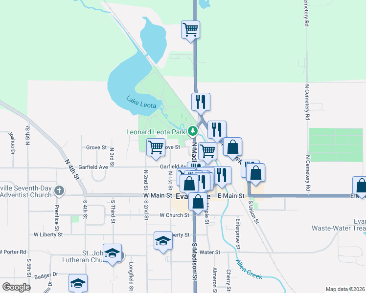 map of restaurants, bars, coffee shops, grocery stores, and more near 129 North Madison Street in Evansville