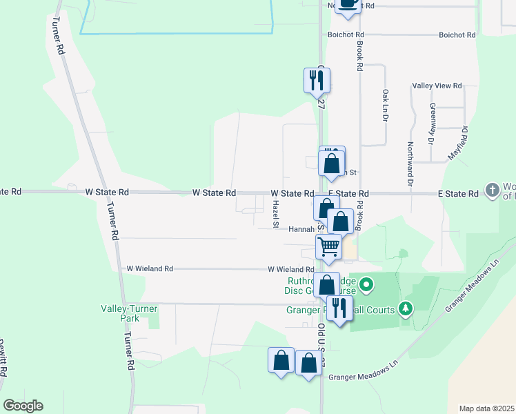 map of restaurants, bars, coffee shops, grocery stores, and more near 16064 Hazel Street in Lansing