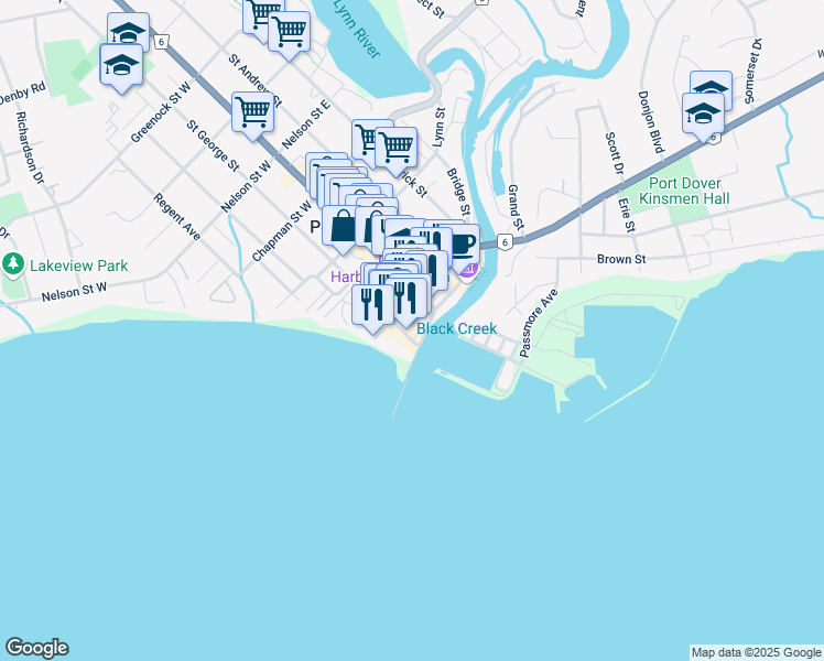map of restaurants, bars, coffee shops, grocery stores, and more near 6 Saint George Street in Port Dover