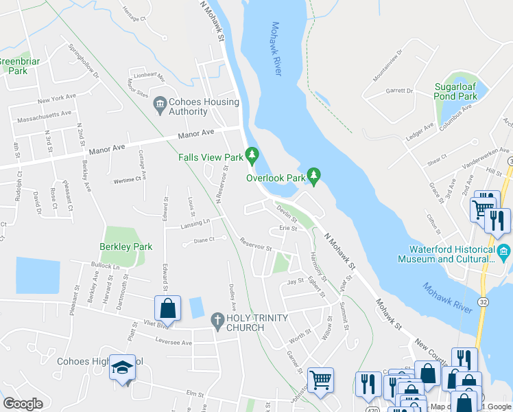 map of restaurants, bars, coffee shops, grocery stores, and more near 17 Church Street in Cohoes