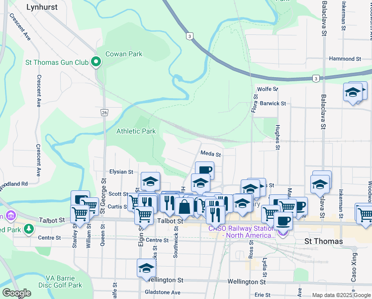 map of restaurants, bars, coffee shops, grocery stores, and more near 11 Omemee Street in Saint Thomas