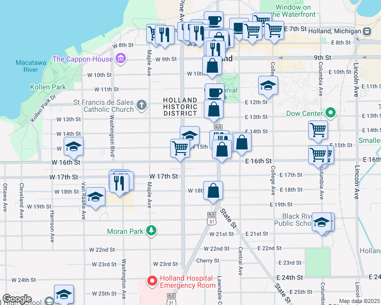 map of restaurants, bars, coffee shops, grocery stores, and more near 96 West 15th Street in Holland