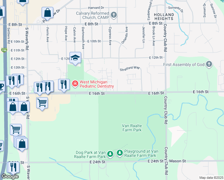 map of restaurants, bars, coffee shops, grocery stores, and more near 985 East 16th Street in Holland