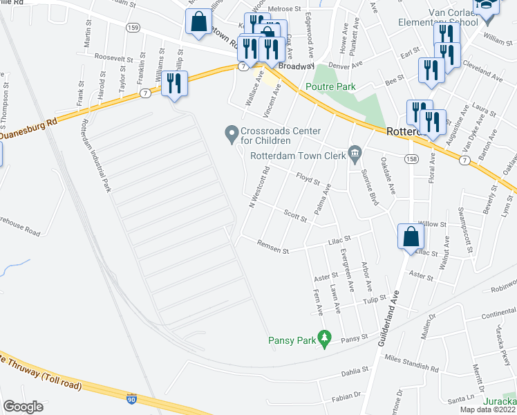 map of restaurants, bars, coffee shops, grocery stores, and more near 1305 North Westcott Road in Schenectady