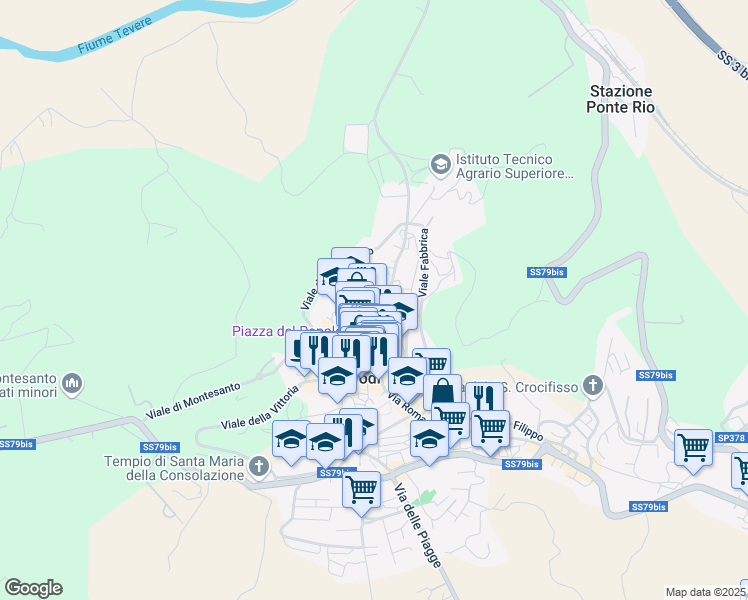 map of restaurants, bars, coffee shops, grocery stores, and more near Via San Bonaventura in Todi