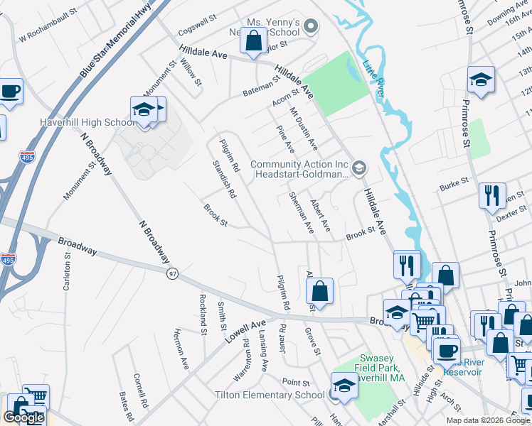 map of restaurants, bars, coffee shops, grocery stores, and more near 137 Brook Street in Haverhill
