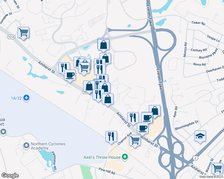 map of restaurants, bars, coffee shops, grocery stores, and more near 337 New Hampshire 101A in Nashua