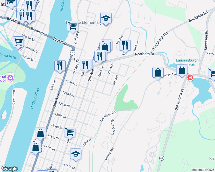 map of restaurants, bars, coffee shops, grocery stores, and more near 826 7th Avenue in Troy