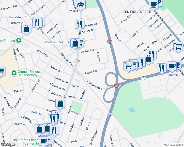 map of restaurants, bars, coffee shops, grocery stores, and more near 2155 Tower Avenue in Schenectady