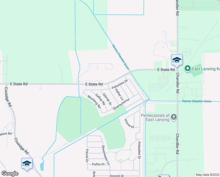 map of restaurants, bars, coffee shops, grocery stores, and more near 3978 Thoroughbred Lane in East Lansing