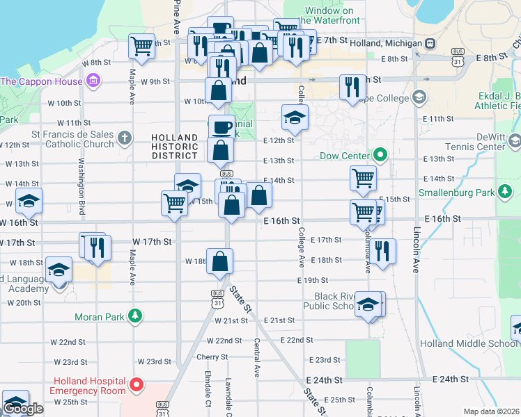 map of restaurants, bars, coffee shops, grocery stores, and more near 9 West 16th Street in Holland
