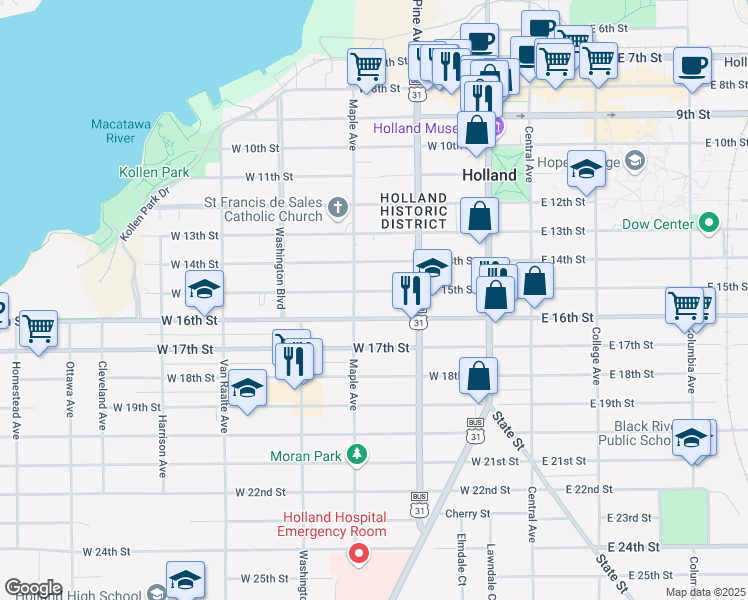 map of restaurants, bars, coffee shops, grocery stores, and more near 135 West 16th Street in Holland