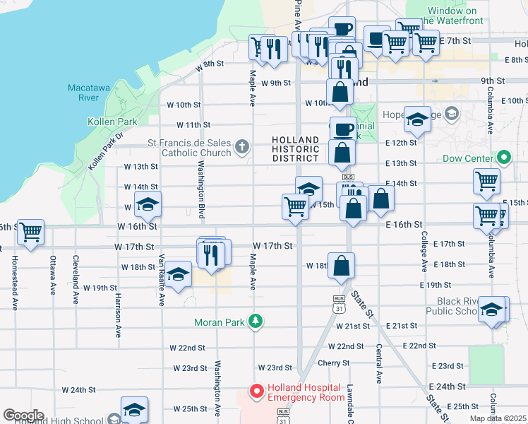 map of restaurants, bars, coffee shops, grocery stores, and more near 135 West 16th Street in Holland