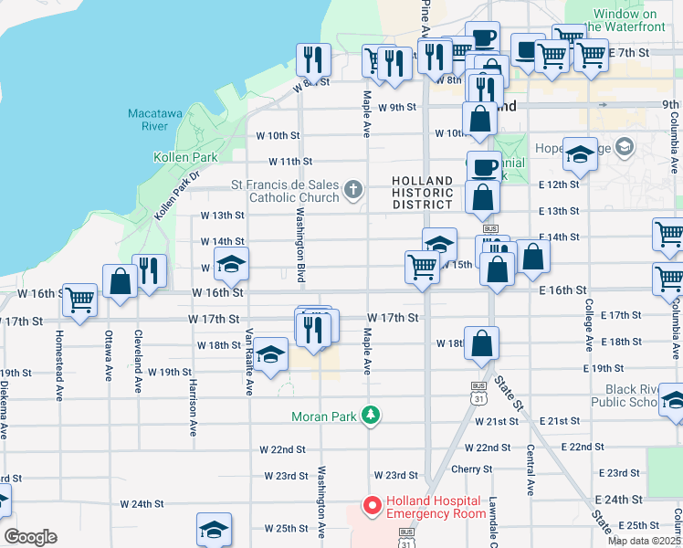 map of restaurants, bars, coffee shops, grocery stores, and more near 205 West 16th Street in Holland