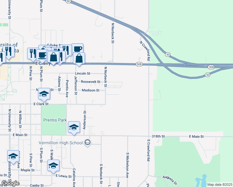 map of restaurants, bars, coffee shops, grocery stores, and more near 335 North Norbeck Street in Vermillion
