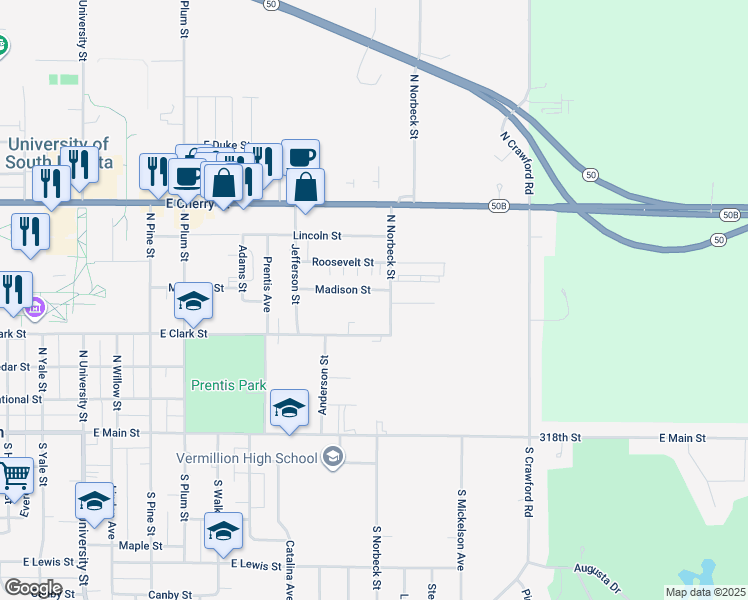 map of restaurants, bars, coffee shops, grocery stores, and more near 326 North Norbeck Street in Vermillion