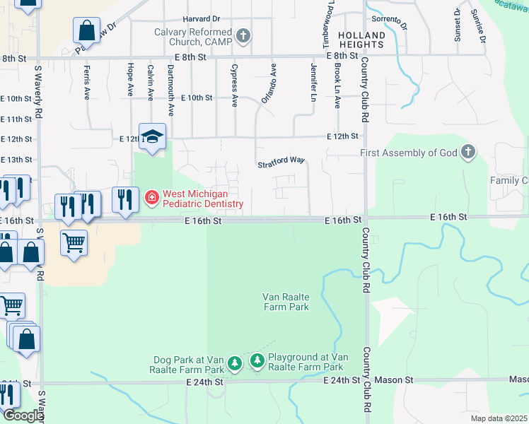 map of restaurants, bars, coffee shops, grocery stores, and more near 1022 East 16th Street in Holland