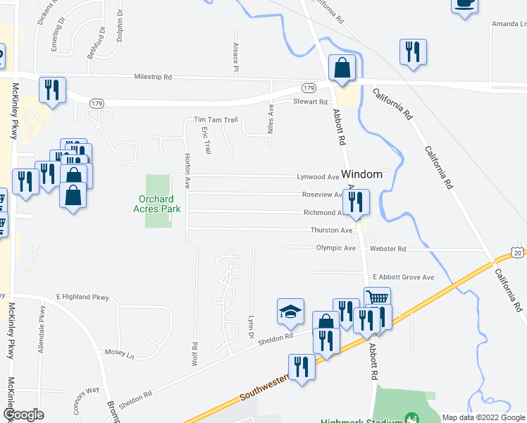 map of restaurants, bars, coffee shops, grocery stores, and more near 5042 Richmond Avenue in Buffalo