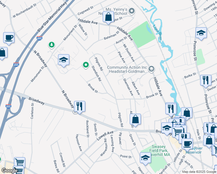map of restaurants, bars, coffee shops, grocery stores, and more near 137 Brook Street in Haverhill