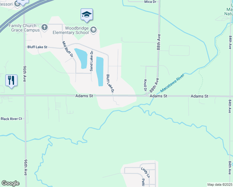 map of restaurants, bars, coffee shops, grocery stores, and more near 9084 Adams Street in Zeeland