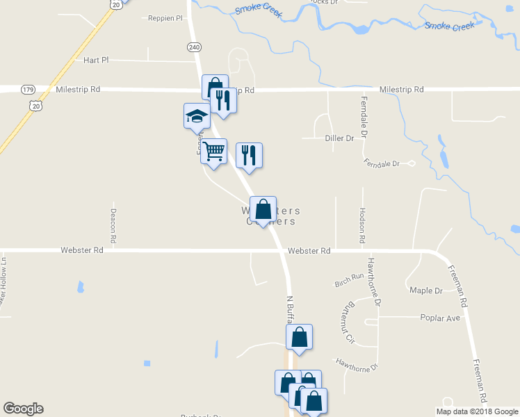 map of restaurants, bars, coffee shops, grocery stores, and more near 3689 North Buffalo Road in Orchard Park