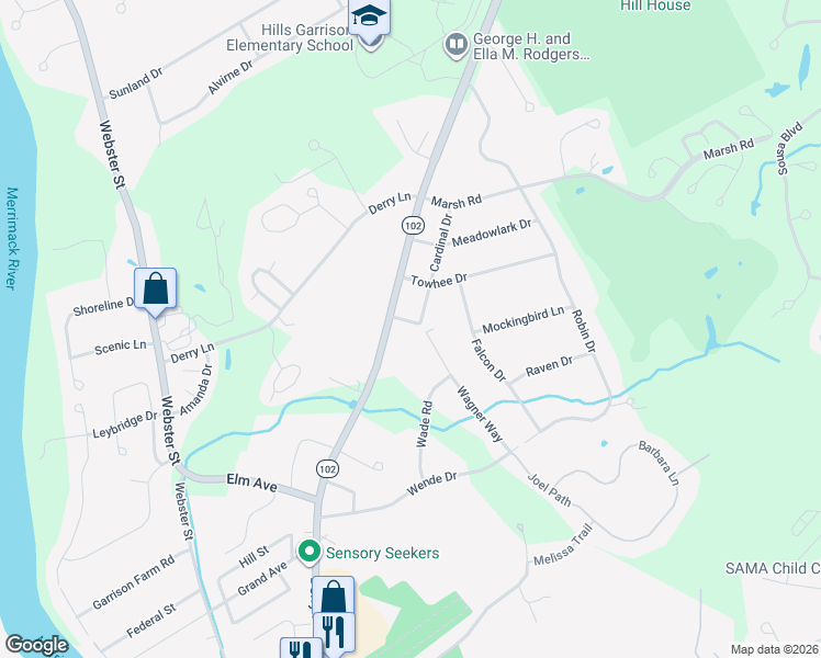 map of restaurants, bars, coffee shops, grocery stores, and more near 18 Wagner Way in Hudson