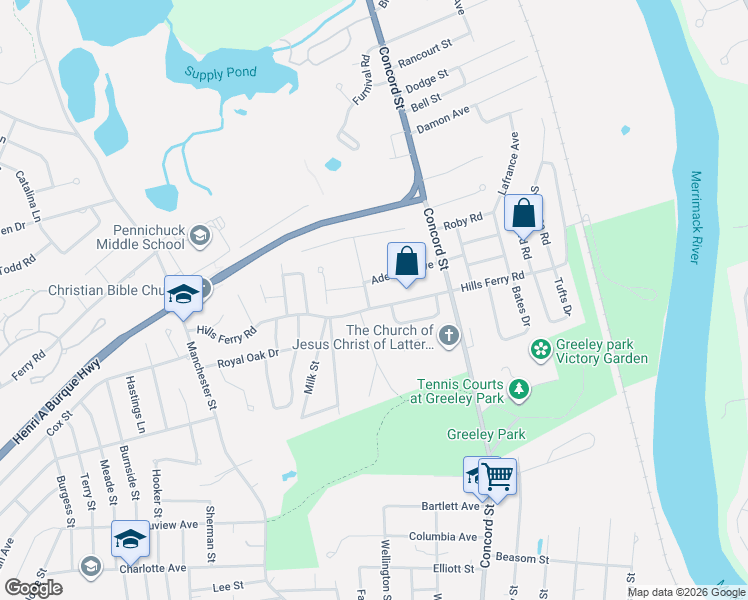map of restaurants, bars, coffee shops, grocery stores, and more near 95 Hills Ferry Road in Nashua