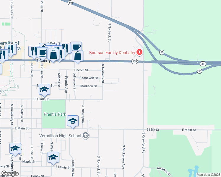map of restaurants, bars, coffee shops, grocery stores, and more near 315 North Norbeck Street in Vermillion