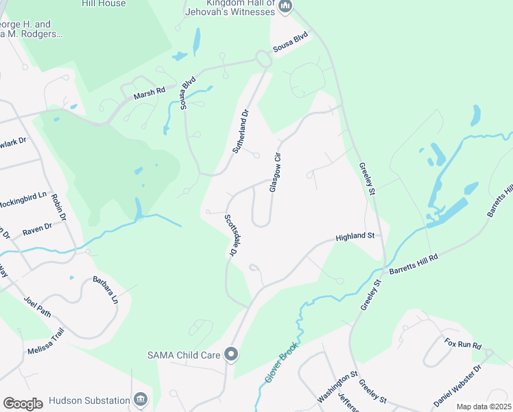 map of restaurants, bars, coffee shops, grocery stores, and more near 56 Glasgow Circle in Hudson