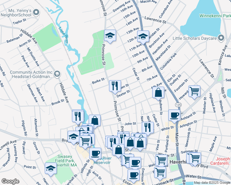 map of restaurants, bars, coffee shops, grocery stores, and more near 240 Primrose Street in Haverhill