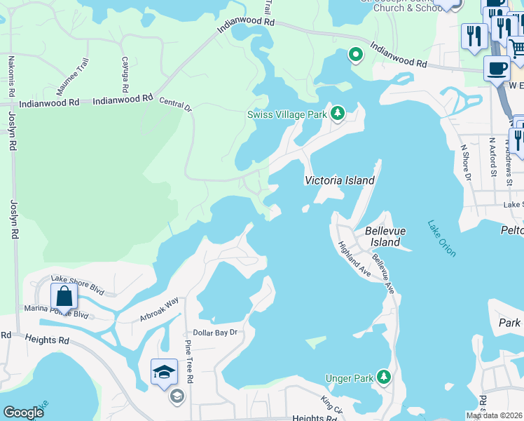 map of restaurants, bars, coffee shops, grocery stores, and more near 860 Island Point Drive in Orion charter Township