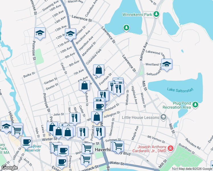 map of restaurants, bars, coffee shops, grocery stores, and more near 5 Lincoln Street in Haverhill