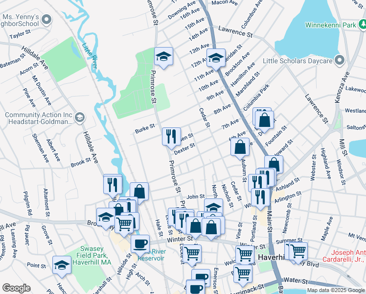 map of restaurants, bars, coffee shops, grocery stores, and more near 87 6th Avenue in Haverhill