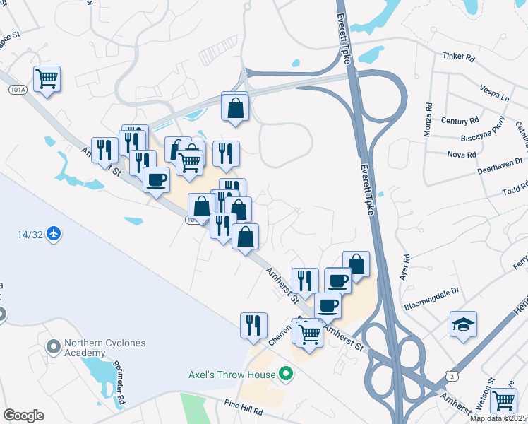 map of restaurants, bars, coffee shops, grocery stores, and more near 21 Cannongate III Road in Nashua