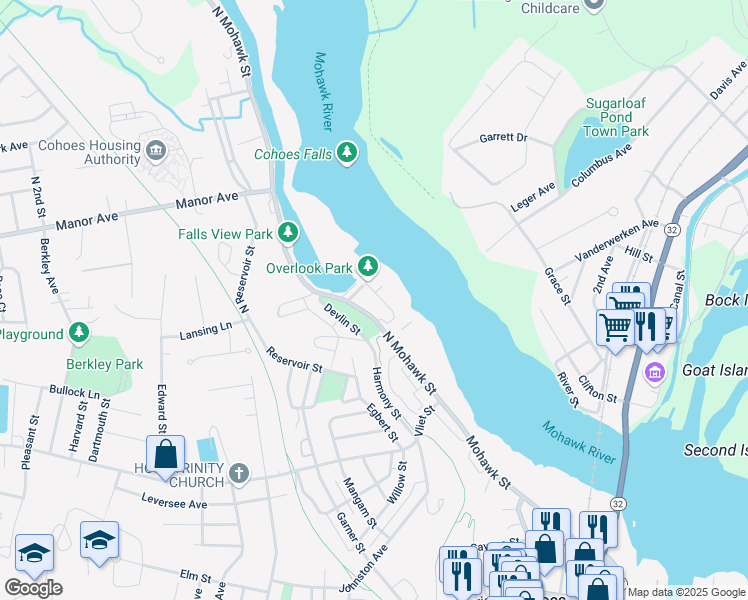 map of restaurants, bars, coffee shops, grocery stores, and more near 2 North Mohawk Street in Cohoes