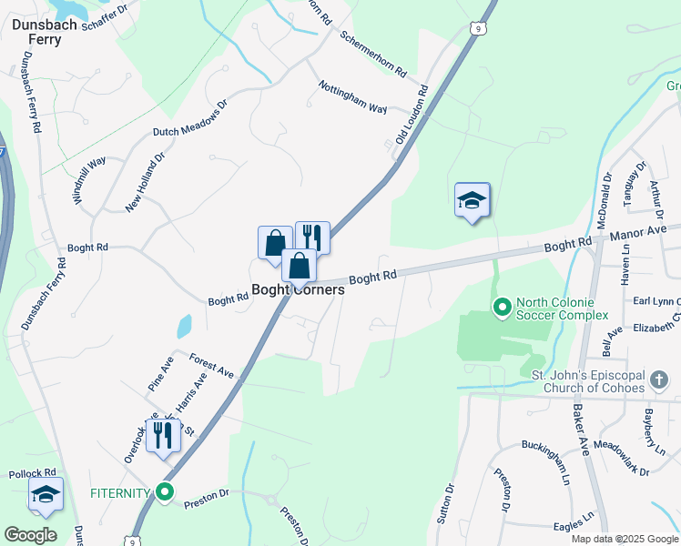 map of restaurants, bars, coffee shops, grocery stores, and more near 596 Boght Road in Cohoes