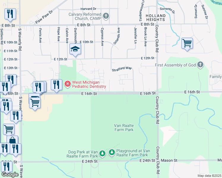 map of restaurants, bars, coffee shops, grocery stores, and more near 1022 East 16th Street in Holland