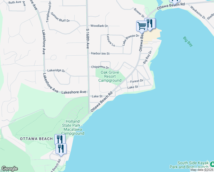 map of restaurants, bars, coffee shops, grocery stores, and more near 2055 Ottawa Beach Road in Holland
