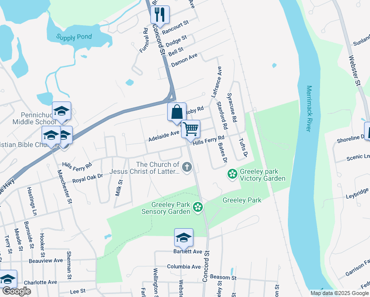 map of restaurants, bars, coffee shops, grocery stores, and more near 118 Concord Street in Nashua