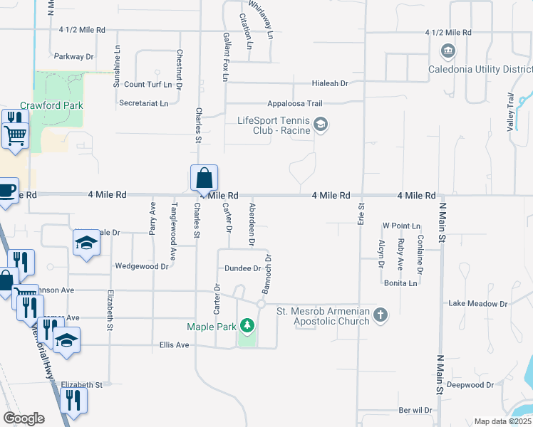 map of restaurants, bars, coffee shops, grocery stores, and more near 1015 4 Mile Road in Racine
